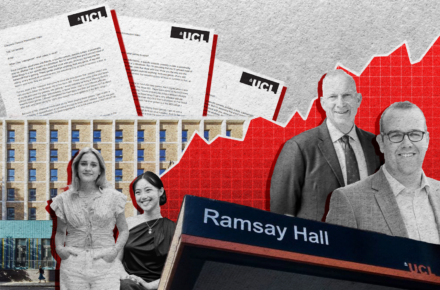From left to right: Goksu Danaci (Students’ Union President), Rachel Lim (Welfare and Community Officer), Michael Spence (UCL President and Provost); and Ian Darcy (UCL Estates Director of Operations). Graphic by Kotryna Taujanskaite.