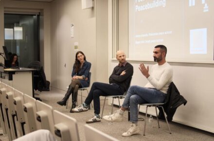Dr Julie Norman and Israeli and Palestinian peace activists Magen Inon and Hamze Awawde (from left to right). Photo credit: Israel-Palestine Initiative/ Shun-Hsing Chou