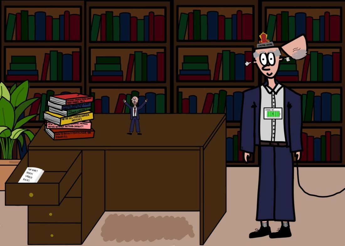 Michael Spence secretly a robot piloted by a smaller, “evil” Michael Spence